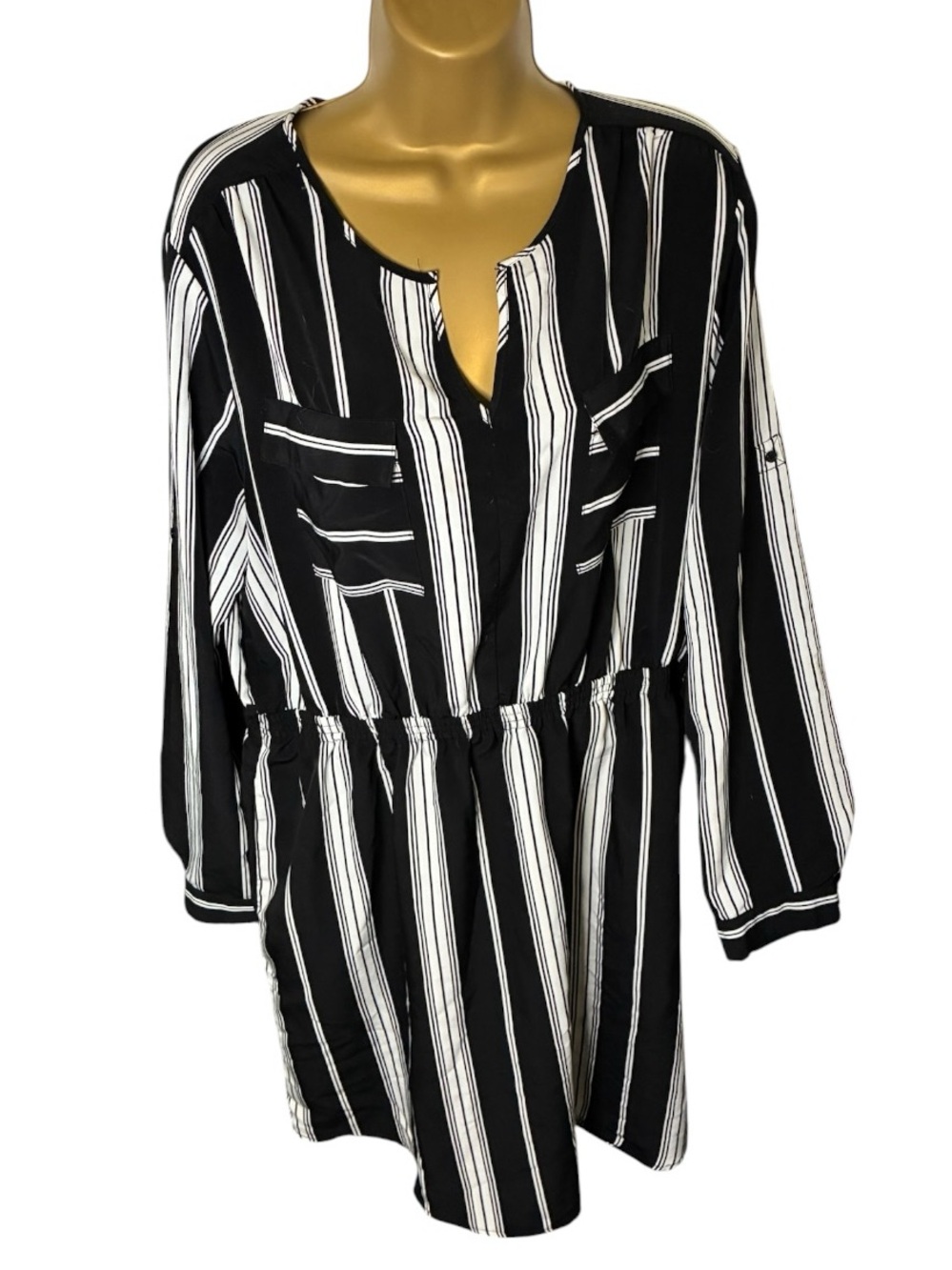 Mossimo Supply Co Shirt Dress Roll Tab Long Sleeve Striped Black White XXL